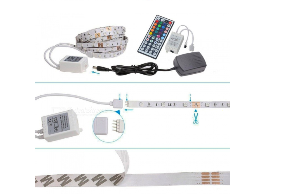 KIT tira LED SMD5050, 5m (30 Led/m), RGB - IP65 -CTRL 44 op.-Adaptador 3A